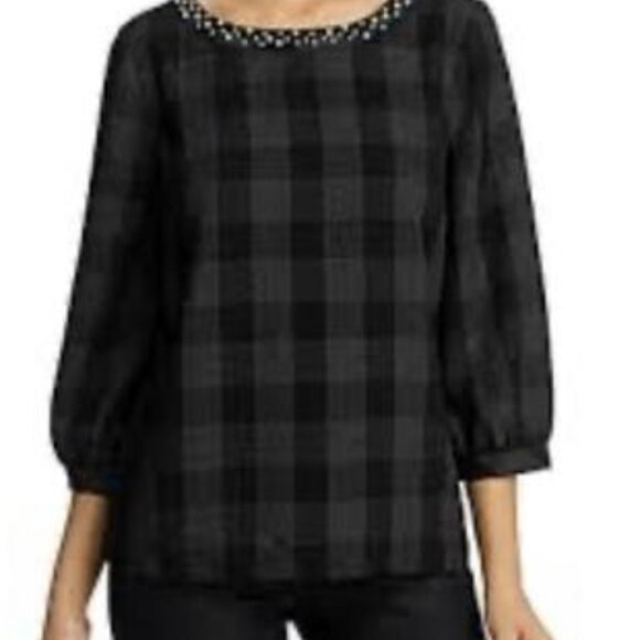 Karl Lagerfeld Paris Black & Grey Plaid top with Pearl Detailing - Picture 1 of 16